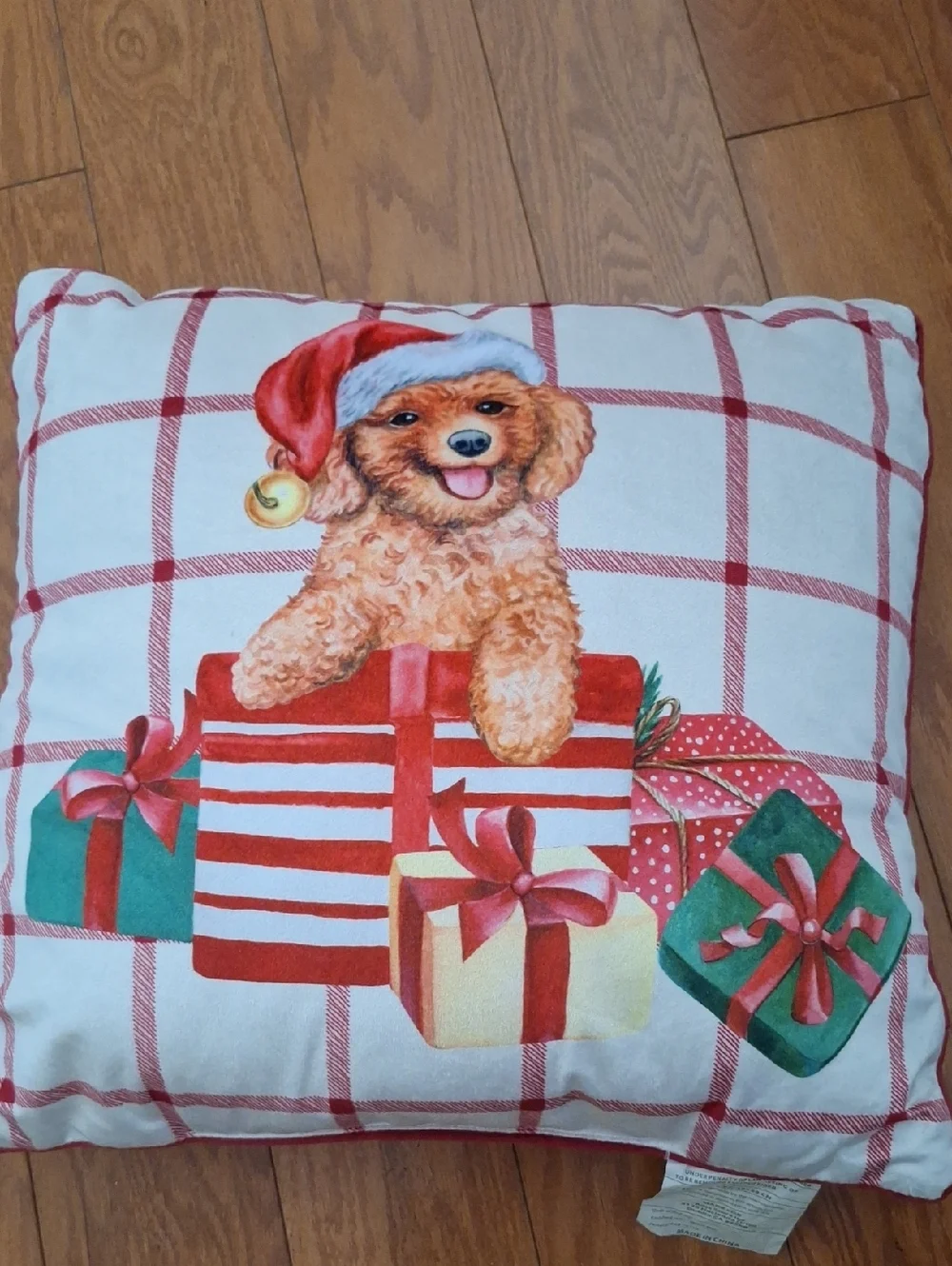 Festive Puppy Holiday Decorative Throw Pillow - Red, Green, Cream